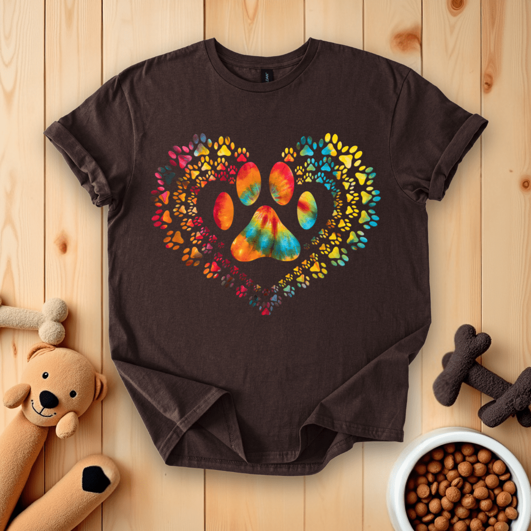 Dark Chocolate / S Tie Dye Love Dog Paw Print Heart T-Shirt