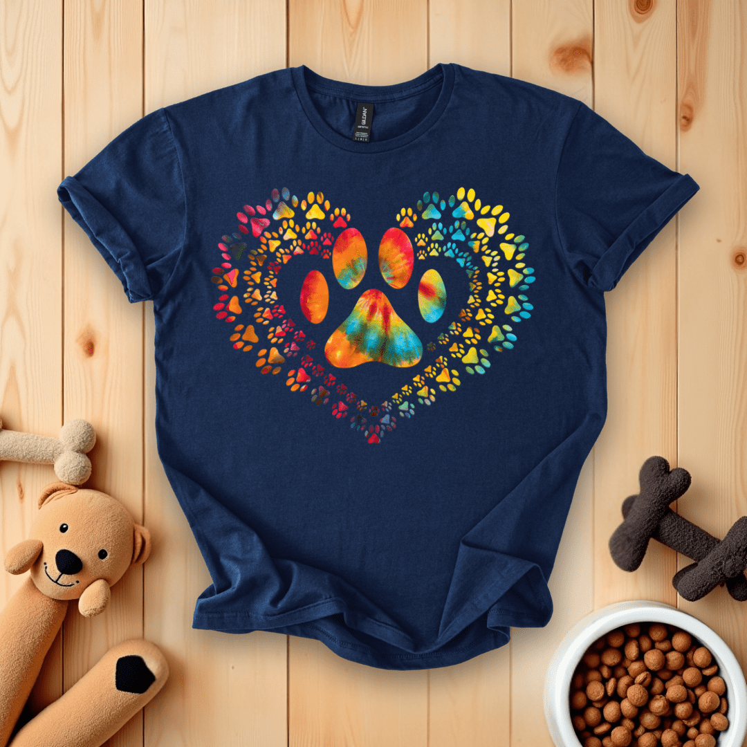 Navy / S Tie Dye Love Dog Paw Print Heart T-Shirt