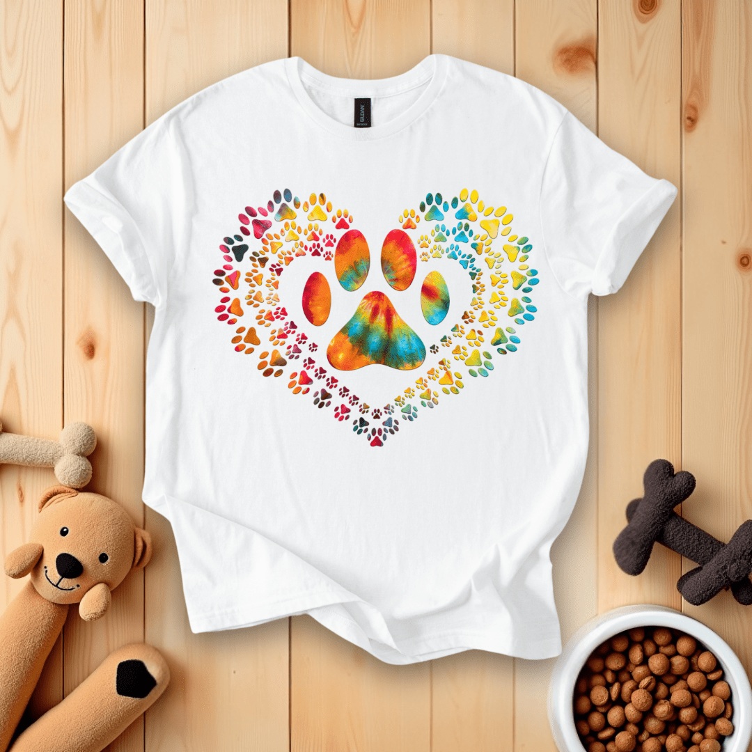 White / S Tie Dye Love Dog Paw Print Heart T-Shirt